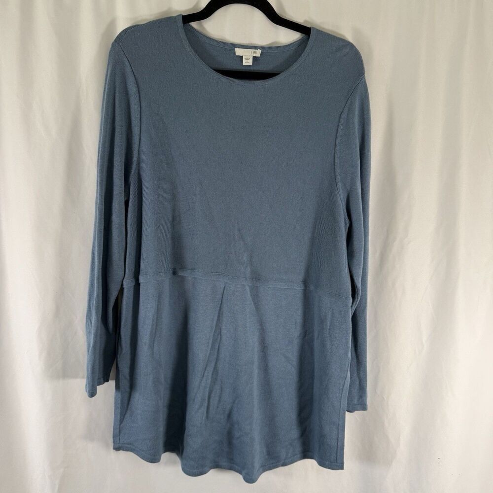 J Jill Sweater Women's Large Petite Blue Knit Long Sleeve Round Neck Side Slits